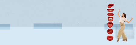 Contemporary art collage. Young stylish woman dancing in front of female mouths line isolated over blue background. Flyerの写真素材