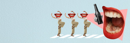 Contemporary art collage. Female mouth and women walking, dancing symbolizing funny party time. Flyerの写真素材
