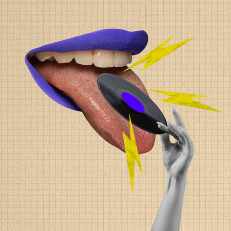 Contemporary art collage. Vinyl records on female mouth with purple lips. Music addictionの写真素材