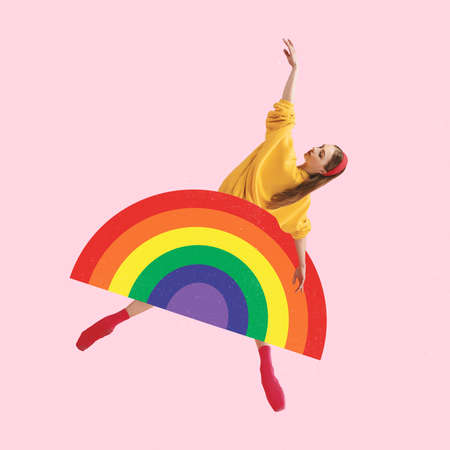Contemporary art collage. Beautiful young girl, ballerina dancing isolated over pink background. LGBTQIA suportの写真素材