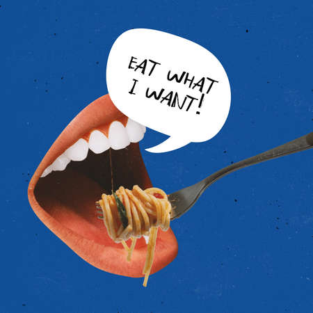 Contemporary art collage. Giant female mouth eating delicious Italian pasta isolated over blue backgroundの写真素材
