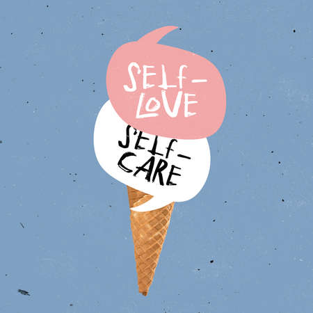Contemporary art collage. Colorful ice cream with motivational text isolated over blue background