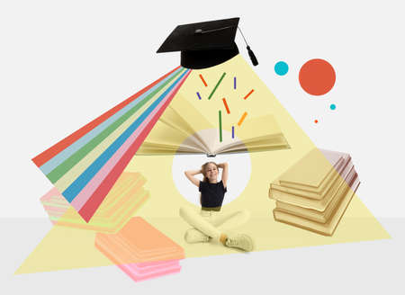 Contemporary art collage. Little girl, child sitting around books. Educational conceptの写真素材