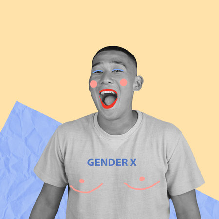 Contemporary art collage. Young cheerful man representing gender x realityの写真素材