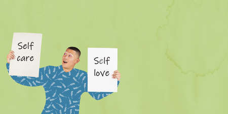 Contemporary art collage. Young excied man with paper poster exclaiming self-love and self-care...