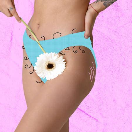 Contemporary art collage. Cropped female body hair on bikini zone isolated on pink background.
