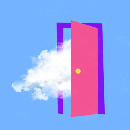 Contemporary art collage. Conceptual image. Doors opening with cloud appearing isolated over blue background.の写真素材