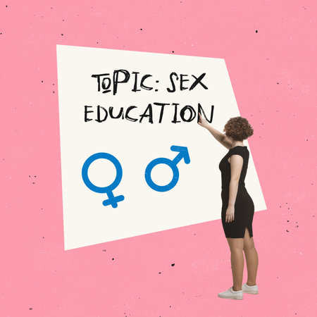 Contemporary art collage. Young girl leading lecture about sex education isolated over pink backgroundの写真素材