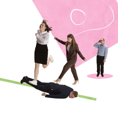 Conceptual image. Motivated women, employees stepping over lying worker symbolizing decisive path to successの写真素材