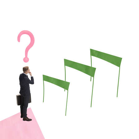 Contemporary art collage. Businessman, motivated employee standing in front of obstacles symbolizing overcoming difficulties to reach successの写真素材