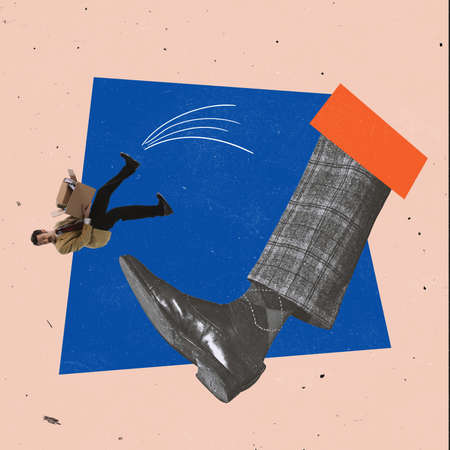 Contemporary art collage. Giant leg kicking employee, businessman symbolizing job dismissalの写真素材