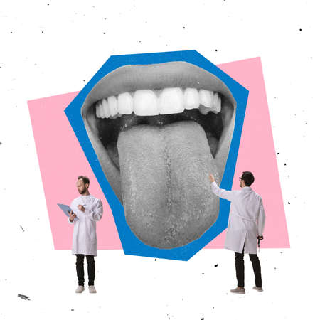 Contemporary art collage. Doctors, dentists or lore checking female mouth, taking care after health
