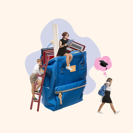 Contemporary art collage. School teen girls preparing for study year, putting stationery into backpackの写真素材