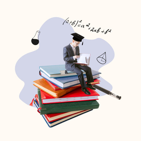 Contemporary art collage. Motivated and concentrated mna, student, graduate sitting on books, reading, preparing for examsの写真素材