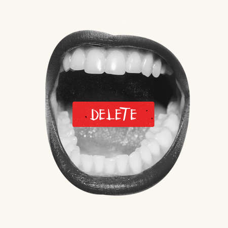 Contemporary art collage. Giant female mouth with delete word inside symbolizing confidentiality of business informationの写真素材