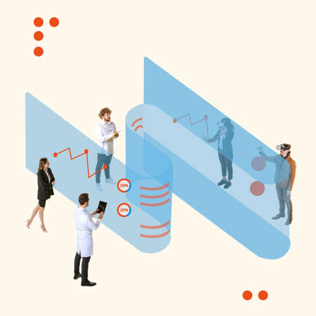 Contemporary art collage. Business people, analysts working with graphs, data analysis via modern...