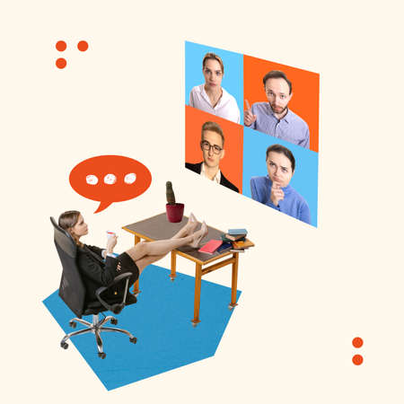 Contemporary art collage. Businesswoman having online meeting with employees via online video call