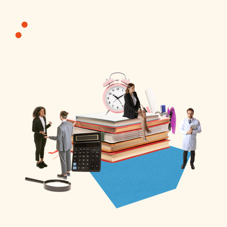 Contemporary art collage. Emplyees, students working together, having business communicationの写真素材