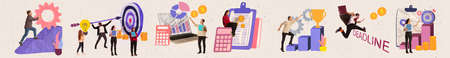 Contemporary art collage. Business people, employees working on successful promotion, showing...