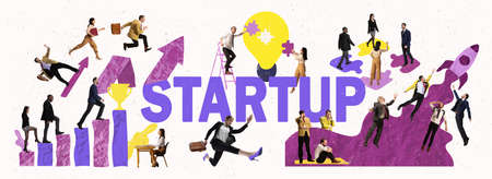 Contemporary art collage. Business people, motivated employees working on launching new startup. Developing company success, professional growth. Concept of progress, career, business, aims, successの写真素材