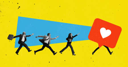 Contemporary art collage. People running in a line to get social media like isolated over yellow...