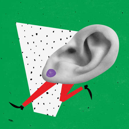 Contemporary art collage. Human ear running isolated over green background. Spreading news and rumors. Concept of pop art, creativity, surrealism, imagination. Abstract designの写真素材
