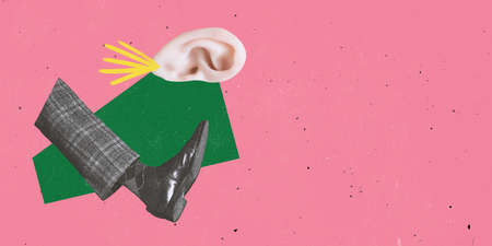 Stop rumors. Contemporary art collage. Male leg kicking human ear isolated over pink background. Refusing fake information. Concept of pop art, creativity, surrealism, imaginationの写真素材