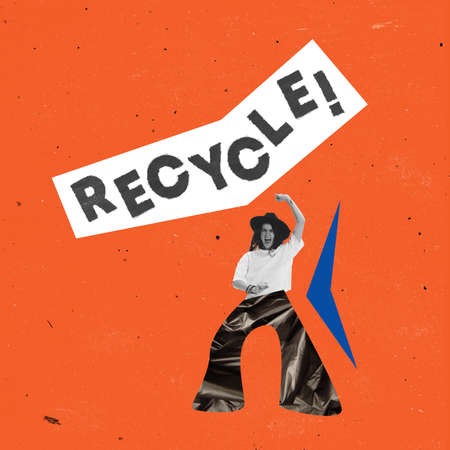 Contemporary art collage. Stylish woman wearing pants made from polyethylene isolated on orange background. Stop using non recyclable materials. Concept of environment, recycling, preservation, natureの写真素材