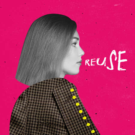Contemporary art collage. Young girl claiming on importance of reusable material to save ecology....