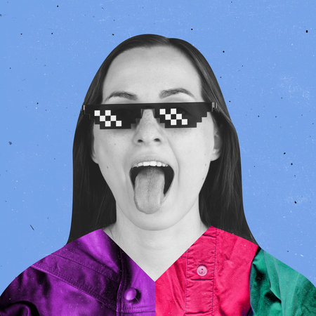 Contemporary art collage. Stylish young girl wearing shirt made from different fabric isolated over...