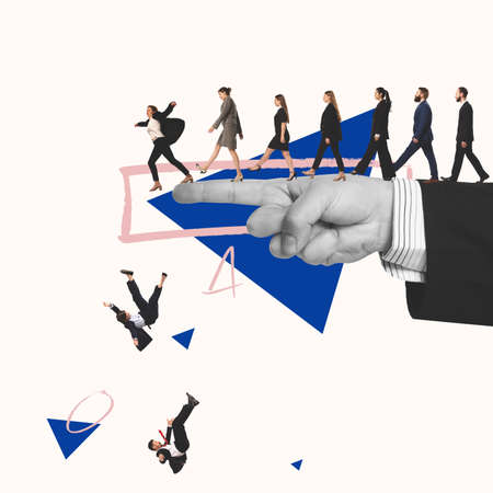 Contemporary art collage. Group of people walking on male hand pointing way and falling down. Blind following. Concept of manipulation, mass media influence, information, news. Copy space for adの写真素材