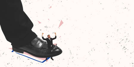 Contemporary art collage. Conceptual image. Young man standing in broken shoes and celebrating fake...