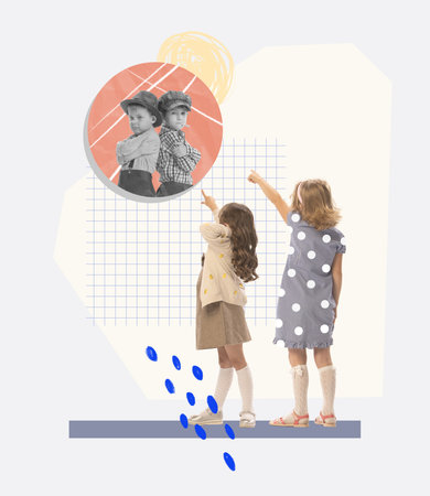 contemporary art collage. Conceptual image with two little girls, children pointing with fingers at boys, snitching, complaining. Concept of childhood, communication, arguing, relationship, lifestyleの写真素材