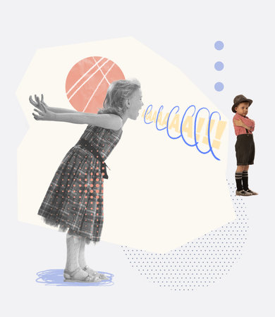 contemporary art collage. Conceptual image of little girl, child shouting at sad boy. Kids arguing, fighting. Concept of childhood, communication, relationship, lifestyle, parentingの写真素材