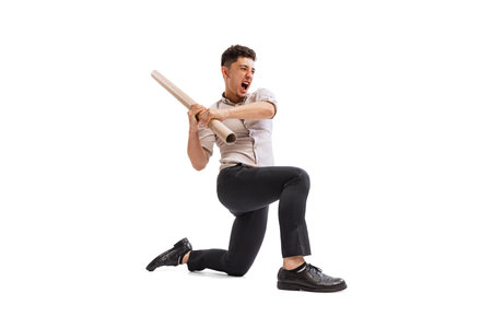 Portrait of young emotive man, employee with cardboard tube isolated over white studio background....