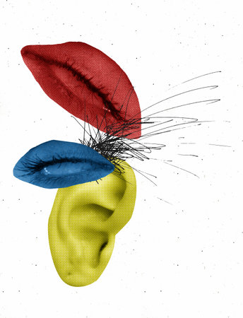 Contemporary art collage. Surreal artwork with human eyes and ear isolated over white background....