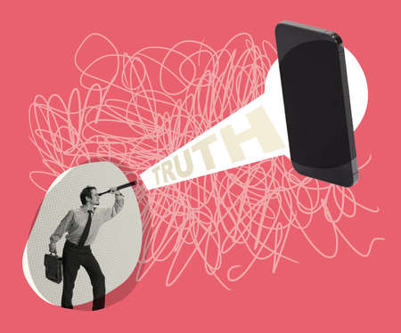 Contemporary art collage. Man looking in spy glass at phone screen, trying to find true information. Wrong news. Concept of creativity, mass media influence, information, news. Copy space for adの写真素材