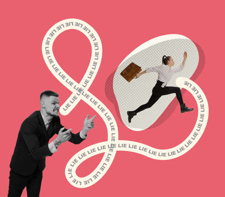 Contemporary art collage. Conceptual image. Young angry man shouting at running woman spreading...