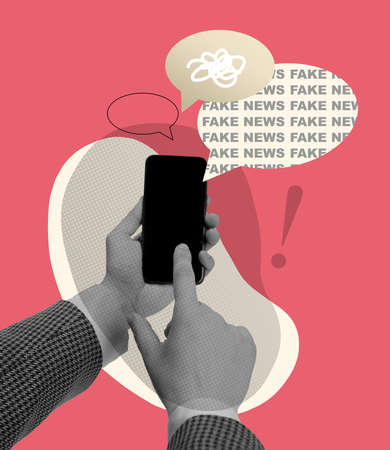 Contemporary art collage. Conceptual image with male hand typing on phone screen, reading fake news, rumors isolated on pink background. Concept of creativity, mass media influence, information, news.の写真素材