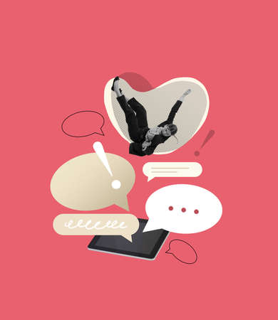 Contemporary art collage. Conceptual image. Young girl falling down on tablet isolated on pink...