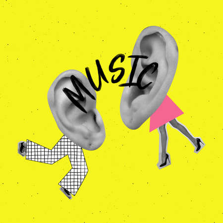 Contemporary art collage. Creative colorful design. Two giant ears on human legs dancing, listening...
