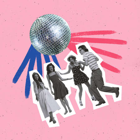 Contemporary art collage. Creative colorful design. Group of stylish young people cheerfully dancing under disco ball isolated over pink background. Concept of surrealism, fun, creativityの写真素材