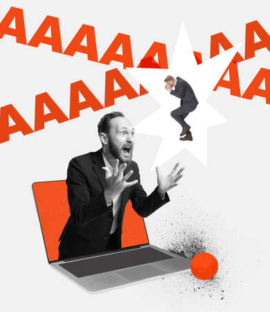 Contemporary art collage. Conceptual image. Angry businessman sticking out laptop screen and...