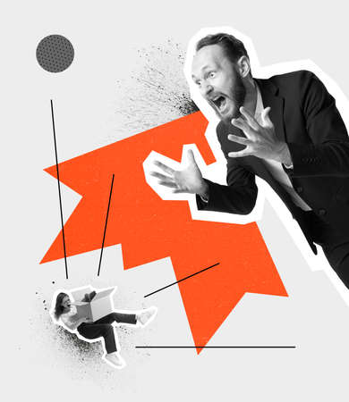 Contemporary art collage. Conceptual image. Businessman shouting at falling woman, firing employee....
