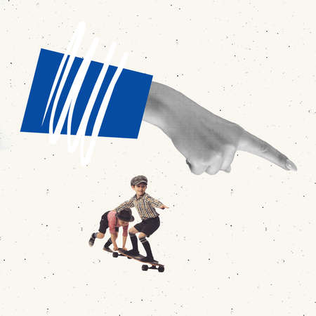 Contemporary art collage. Conceptual image. Female hand pointing correct direction to playing boys, children. Motherhood. Parenting control. Concept of childhood, help, education, retro artwork styleの写真素材
