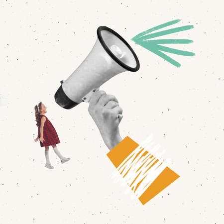Contemporary art collage. Conceptual image. Female hand holding big megaphone, little girl, child shouting in it. Freedom of expression. Concept of childhood, help, education, retro style, emotionsの写真素材