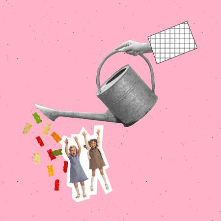 Contemporary art collage. Conceptual image with watering can throwing jelly candies on playful happy girls, children. Sweet lifestyle. Concept of childhood, help, education, retro artwork styleの写真素材