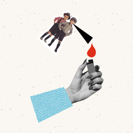 Contemporary art collage. Conceptual image with two little boys, children playing, pretending to be...