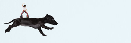 Contemporary art collage. Creative design. Young stylish woman cheerfully dancing on giant flying dog. Flyer. Festoval. Concept of creativity, fashion, surrealism, fun, party, animalsの写真素材