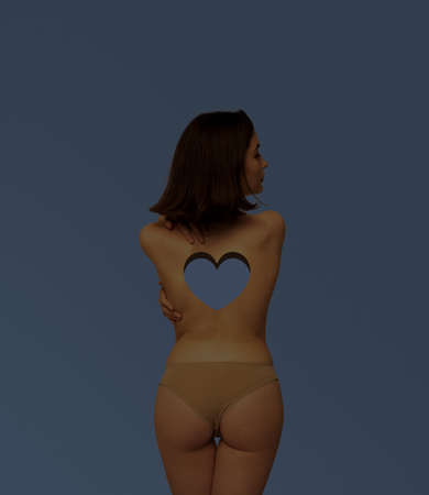 Contemporary art collage. Conceptual image with young tender girl having hole into body with heart...